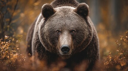 Fototapeta premium Close-up of a powerful brown bear standing in a lush forest clearing with autumn leaves