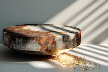 Rustic stone grinder in sunlight with golden grains cascading outdoors