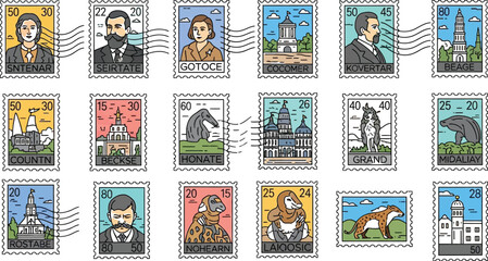 Collection of postage stamps featuring portraits and landmarks designs