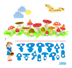Best puzzles for kids. Can you find the shadow of each mushroom? Write the numbers in circles. Educational game for children. Task for attentiveness. IQ test. Hand drawn vector illustration.