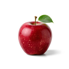 Fresh Red Apple with Green Leaf and Brown Stem Isolated on White Background – Glossy Ripe Fruit with Light Speckles for Food, Health, and Poster Creation