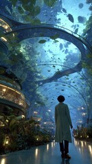 Person Walking Inside an Indoor Aquarium with Large Fish Tanks and Lush Greenery Overhead