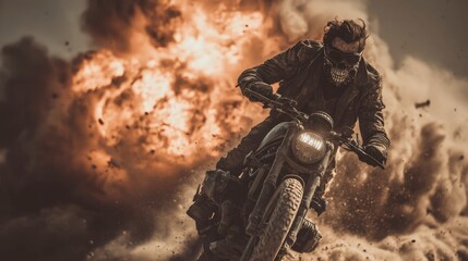 Action-packed scene of a motorcycle rider wearing a skull mask amid explosion and smoke in a dystopian setting