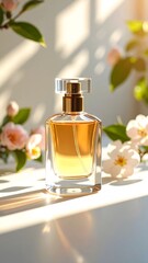 Perfume advertisement, bottle and minimalism: A perfume bottle placed in a ray of sunlight, minimalist background and soft shadows.