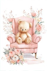 Watercolor Illustration of Teddy Bear Sitting on Pink Armchair with Flowers