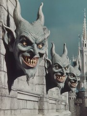 Three Gargoyle Statues with Menacing Faces on a Castle Wall under Clear Sky
