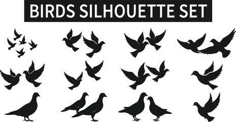 Bird Silhouettes Vector Set – Flying, Perching & Standing Birds – Black Animal vector on Transparent Background