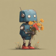Vintage Robot Holding a Bouquet of Flowers in a Minimalist Style Artwork
