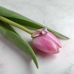 Elegant engagement ring with a large gemstone resting on a pink tulip flower with green leaves