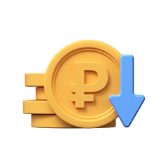 3D golden ruble coin icon with down arrow