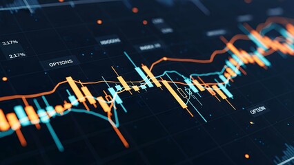 Digital glowing stock market chart with options trend and index data on a dark background, symbolizing economic growth, trading, and financial technology.