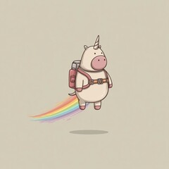 Cute cartoon unicorn pig hybrid character with rainbow trail and backpack, whimsical fantasy creature illustration