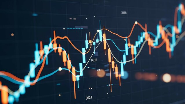 Digital glowing stock market chart with options trend and index data on a dark background, symbolizing economic growth, trading, and financial technology.