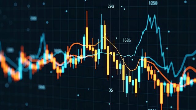 Digital glowing stock market chart with options trend and index data on a dark background, symbolizing economic growth, trading, and financial technology.
