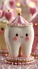 Cute plush tooth dressed as a carousel with a pink heart umbrella and cheerful face
