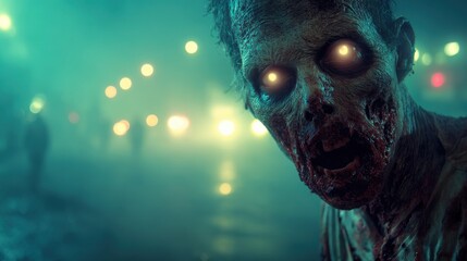 Fototapeta premium Close-up of zombie human with decaying skin and glowing eyes in a dark, foggy abandoned city street
