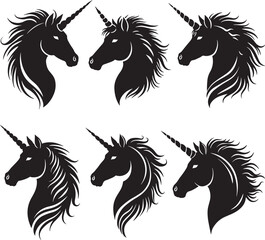 Unicorn heads black silhouettes vector set  