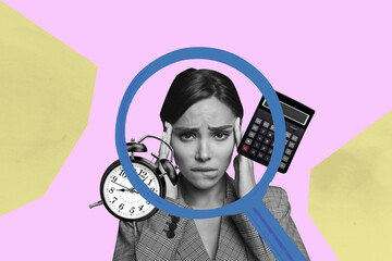 Zine pop image banner 3d photo collage of happy businessman businesswoman stand magnifier lens...
