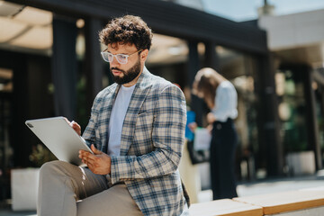 A stylishly dressed man is seated outside, using a tablet computer for work or leisure. The urban...