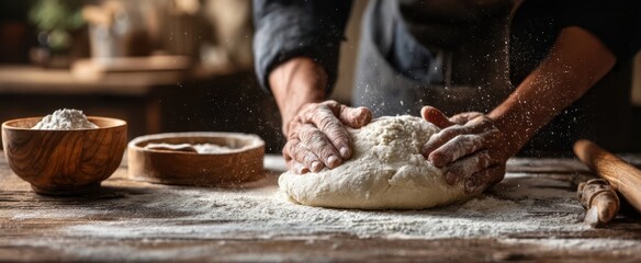 The skilled baker kneading dough with passion and precision in a rustic kitchen.