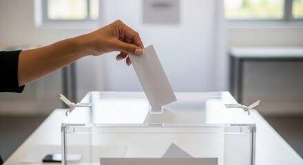 Hand Voting into Transparent Ballot Box.
Close-up of hand inserting envelope into clear ballot box in bright voting room.
