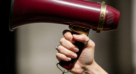 Hand holding red megaphone in protest setting.
Close-up of a hand gripping a red megaphone symbolizing protest and public speech.
