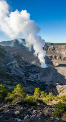Smoking Active Volcano Crater Landscape.
Dramatic view of an active volcano crater emitting thick white smoke under clear blue sky.
