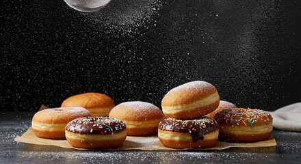Sprinkled Donuts With Powdered Sugar Falling.
Assorted donuts with chocolate glaze and sprinkles, dusted with falling powdered sugar for bakery vibe.
