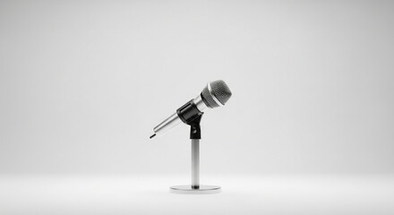 Tilted microphone on desk ready for speech.
A silver microphone positioned on a stand, ready for speech or recording in studio.
