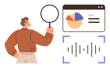 Person inspecting with magnifying glass, web interface showing pie chart and text, sound waves below. Ideal for analysis, research, insights, data interpretation, audio review, evaluation simple