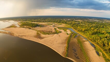 Aerial view of seasonal floodplain meadows on Vistula river, one of the last wild big rivers in Europe