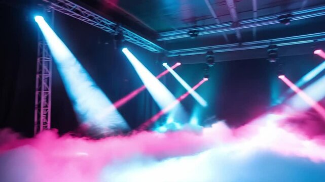 Stage lights illuminate fog on a performance stage, creating a vibrant concert atmosphere