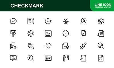 Checkmark Modern Line Icon Pack. Minimal, clean, and professional outline symbols perfect for verification, tasks, and approval-related themes.