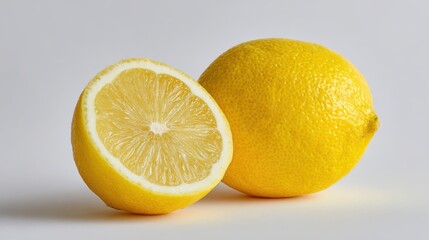 Fresh whole lemon with bright yellow textured skin and sliced wedge revealing juicy pale yellow flesh on pure white seamless studio background