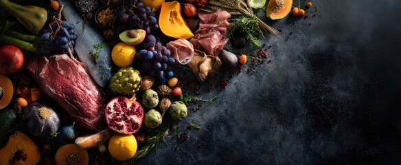 The vibrant assortment of fresh produce and meat for a gourmet feast.