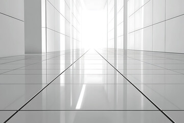 Obraz premium A perspective view of a bright, modern white corridor with reflective tiles, leading to a source of light, creating a clean and open atmosphere