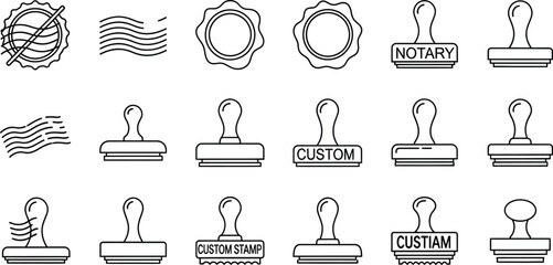 Various line art designs of stamps and wax seals on a white background