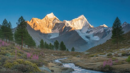 Fototapeta premium Majestic snow capped mountains bathed in golden sunrise light with a stream flowing through a meadow