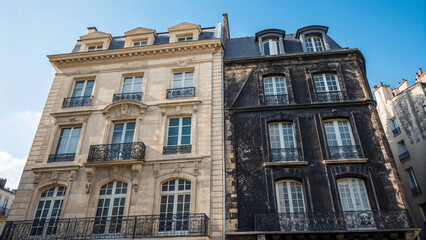A dramatic architectural contrast is showcased between an ornate light and dark building, defining a unique urban landscape.