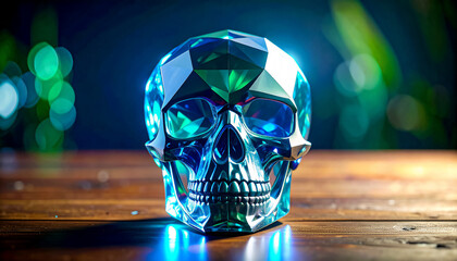 Crystal skull on the table surface, for advertising, with space for text