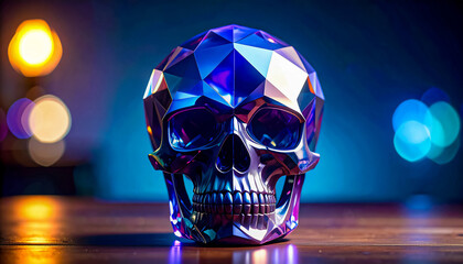 Crystal skull on the table surface, for advertising, with space for text