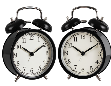 Two Toy-Like 3D Black Alarm Clocks with Simplified Faces and Plastic Shine, Transparent PNG