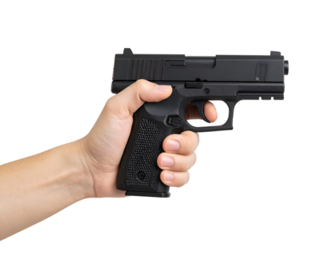 A human hand firmly grips a dark semi-automatic handgun, with a finger resting on the trigger.
