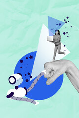 Poster image artwork pop collage of happy schoolgirl hold laptop walk robot hand human boom fist gesture e-learning cyberspace