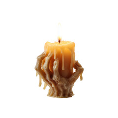 Skeleton hand holding dripping candle with flame dripping wax