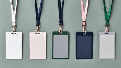Mockup Five blank ID badges with colorful lanyards are neatly arranged on a neutral background.