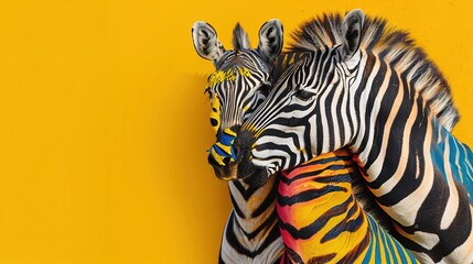 two zebras hugging friend zebra a on yellow background with copy space. concept of conservation wild African animals. welcome to africa cheerful fun banner.