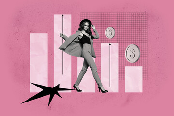 Pop 3d zine image full collage of happy businesswoman businessman stand dollar coin stack jackpot...
