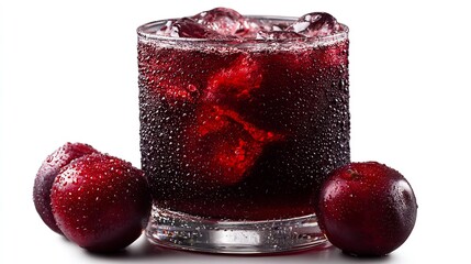 Dark red plum juice served in a lowball glass with realistic condensation high contrast fully isolated image overlay cut out on isolated transparent removed background