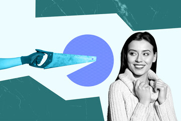 Banner image poster photo collage of hand hold sharp hacksaw tool repair concept cut sphere circle...
